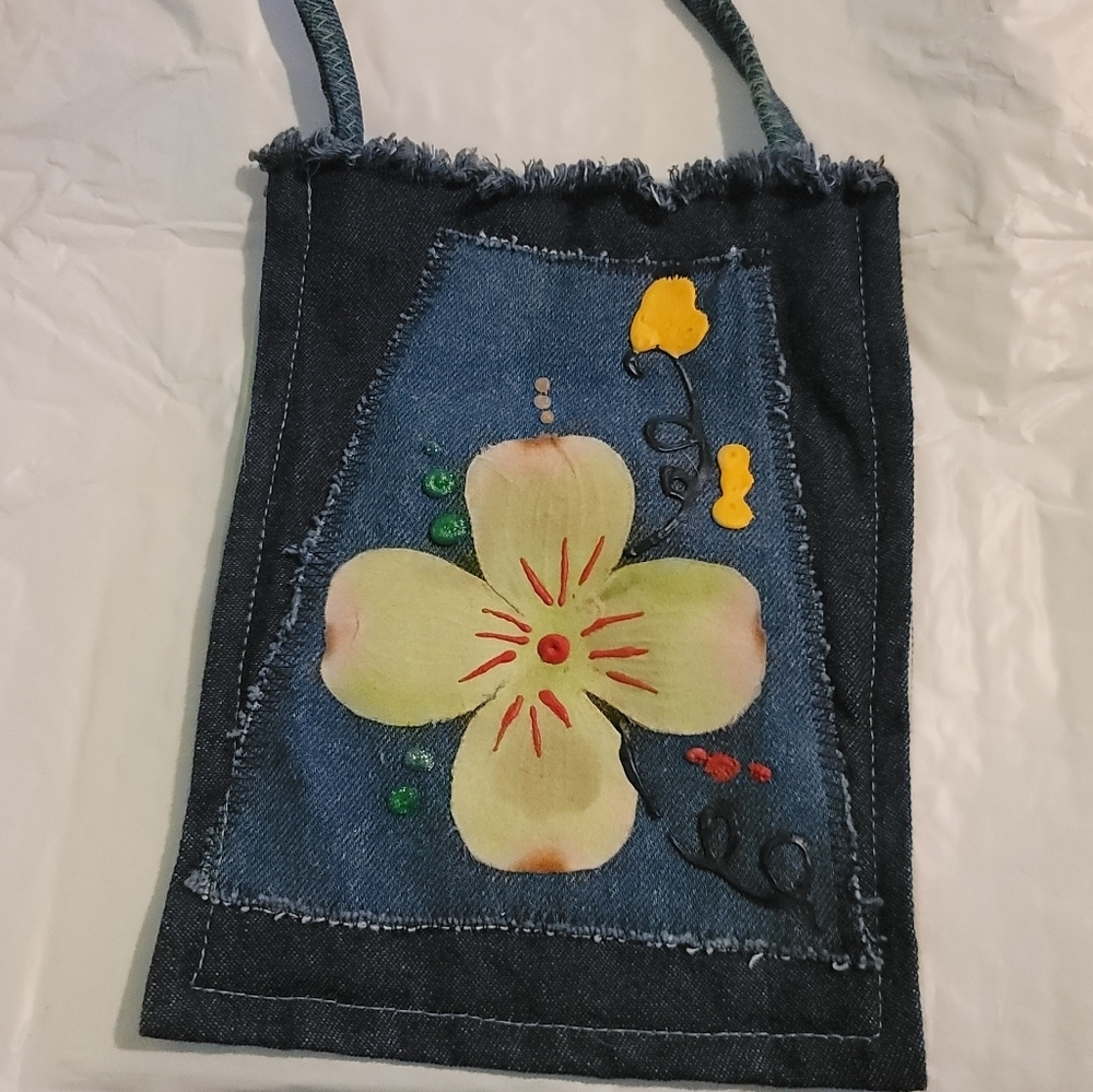Denim Beach bag flower floral small bag hand crafted - Picture 6 of 6